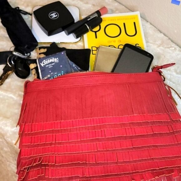 Red Vegan Suede/Leather Fringed Clutch/Crossbody - Picture 9 of 16